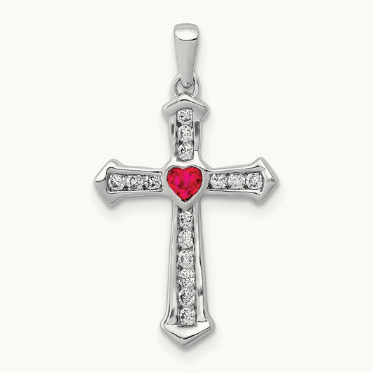 Ruby and Diamond Heart Cross Pendant, 14K White Gold