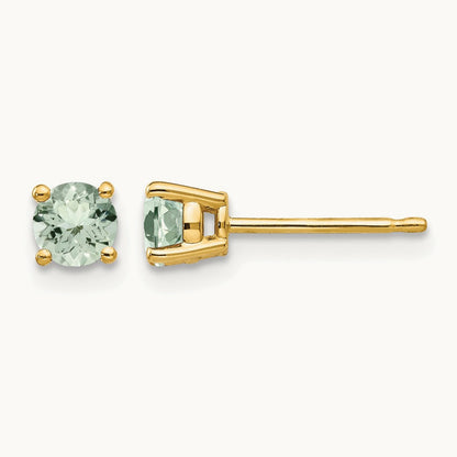 Round Green Quartz Earrings — 14K Yellow Gold, 4mm