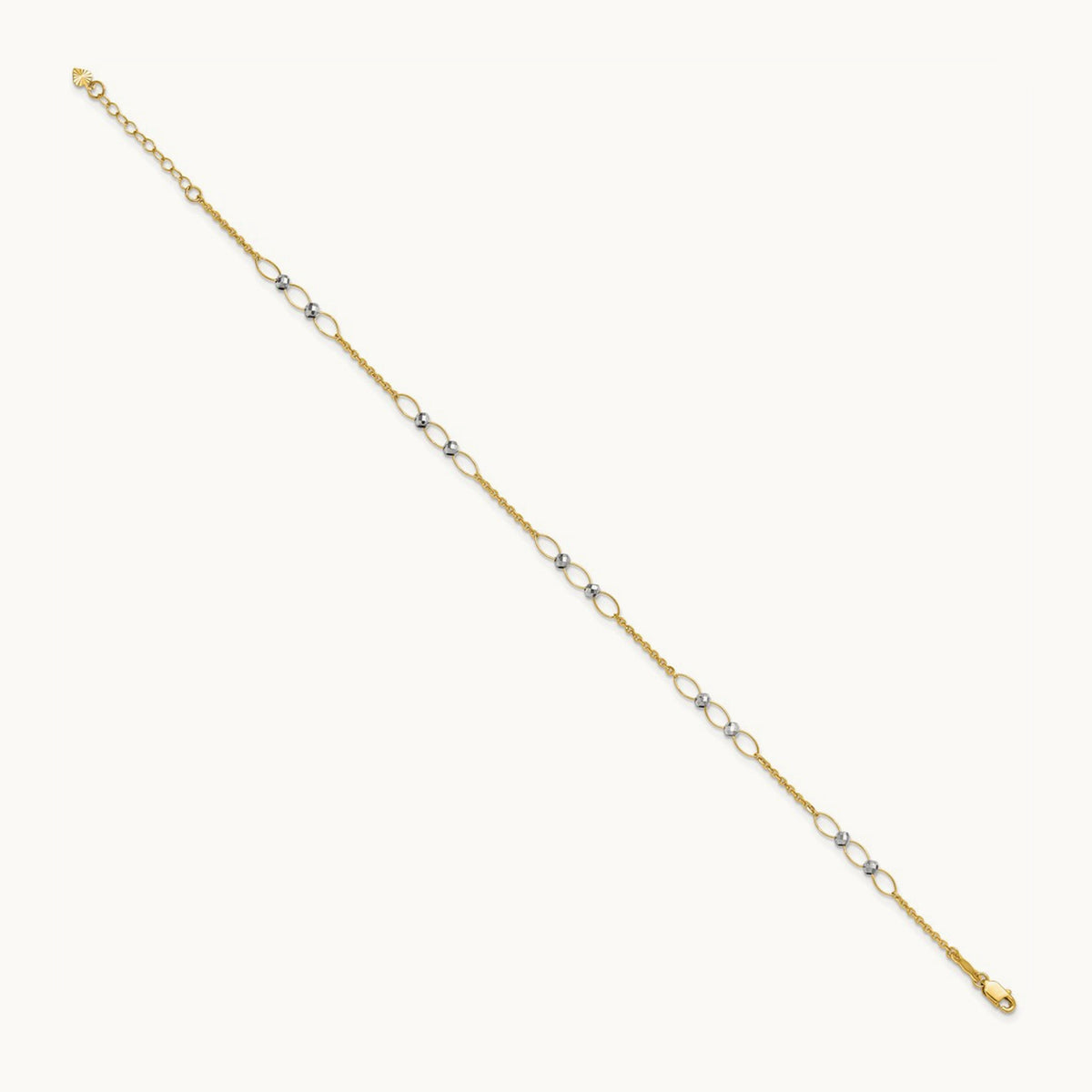 Polished Oval Link Beads 9in Plus 1in ext. Anklet, 14K Two-tone
