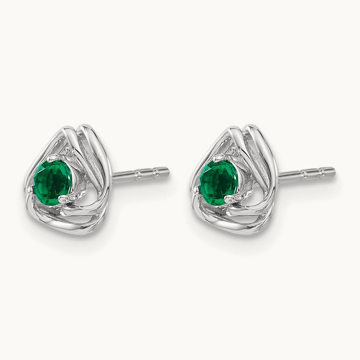 Created Emerald Post Earrings — 14K White Gold