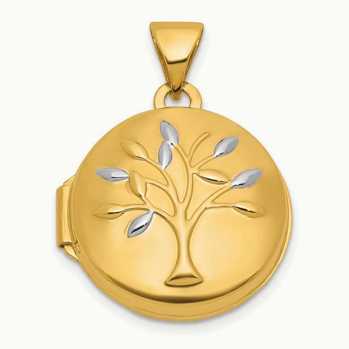 & Rhodium Polished Tree Of Life Round Locket, 16mm, 14K