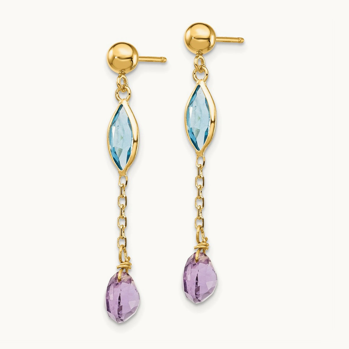 Amethyst and Blue Topaz Post Earrings, 14K