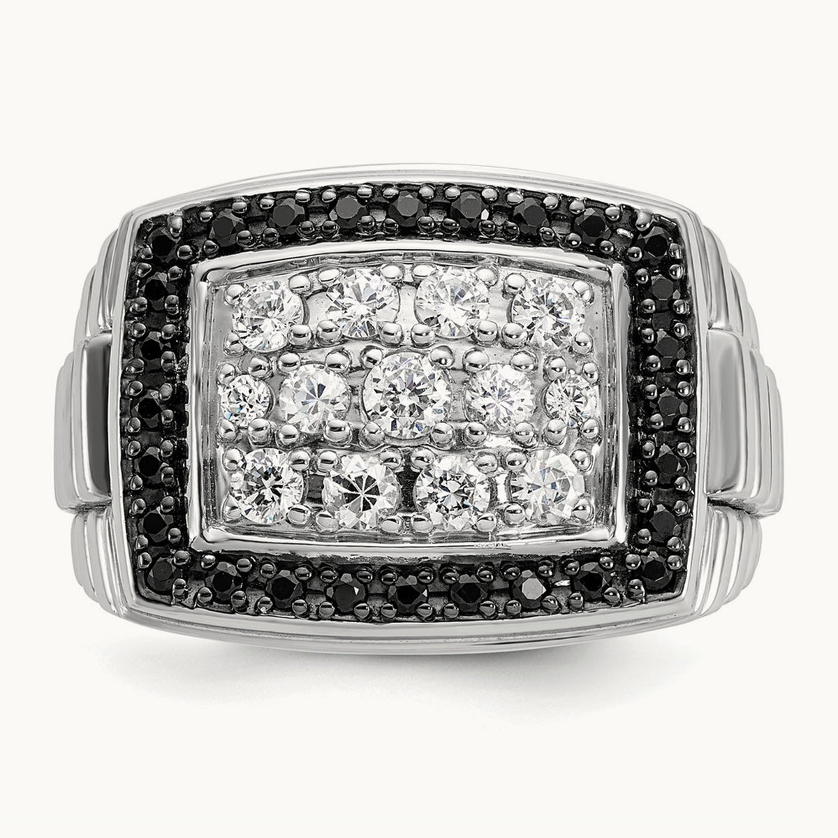 IBGoodman Men's Polished & Textured Black/White Dia Cluster Ring, 14K White Gold
