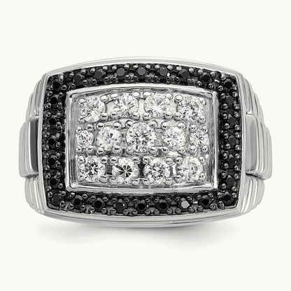 IBGoodman Men's Polished & Textured Black/White Dia Cluster Ring, 14K White Gold