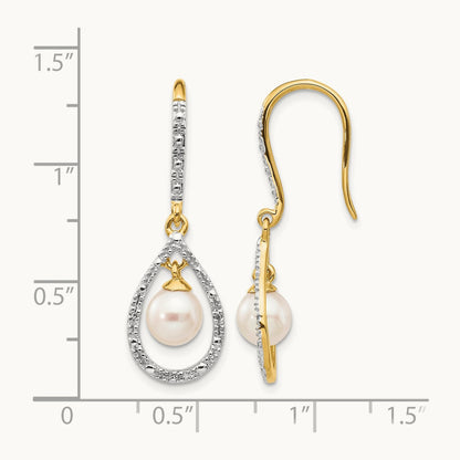6- White Round FWC Pearl .02ct. Diamond Dangle Earrings, 7mm, 14K