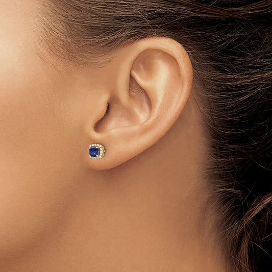 Created Sapphire Square Halo Post Earrings, 0.10 ct tw Lab-Grown Diamond — 14K Yellow Gold
