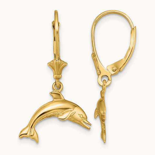 Jumping Dolphin Leverback Earrings, 14K
