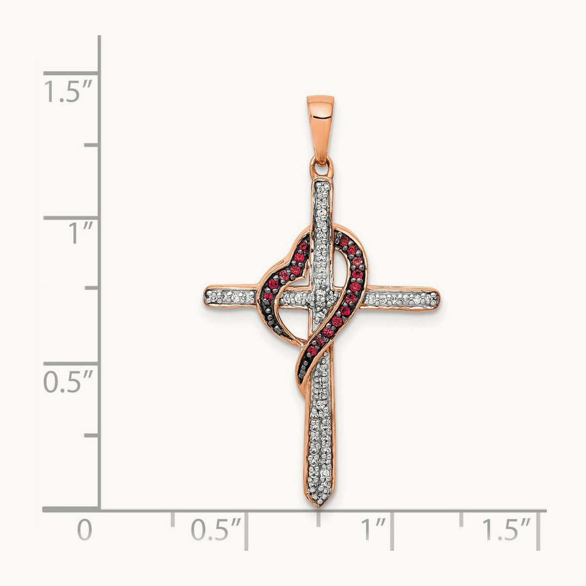 Red and White Diamond Cross w/Heart Pendant, 14K Rose Gold