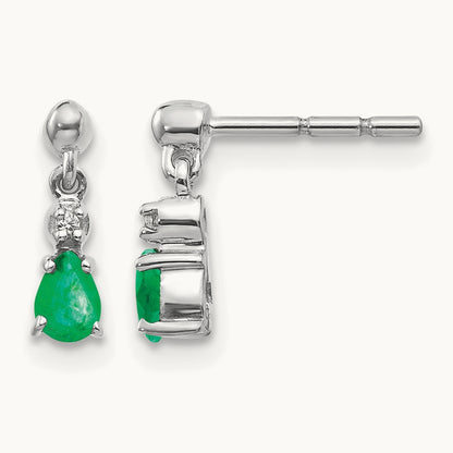 Emerald and Diamond Dangle Post Earrings, 14K White Gold