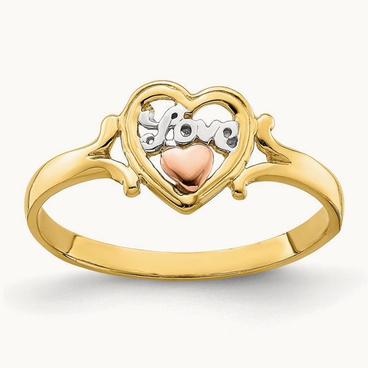 w/Rhodium Love Heart Ring, 14K Yellow with Rose Gold
