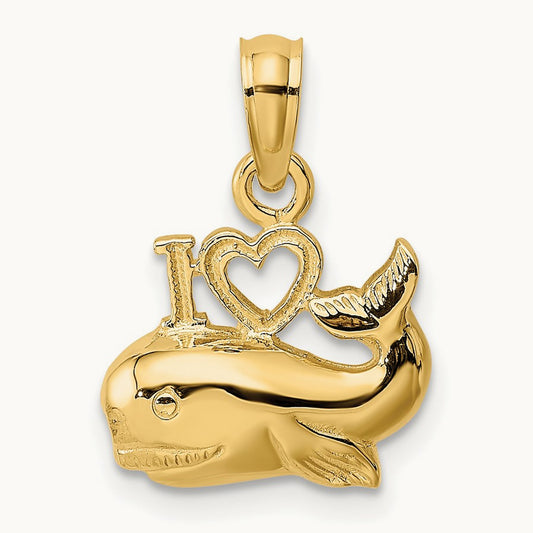 2-D Polished I HEART Whale Charm, 14K