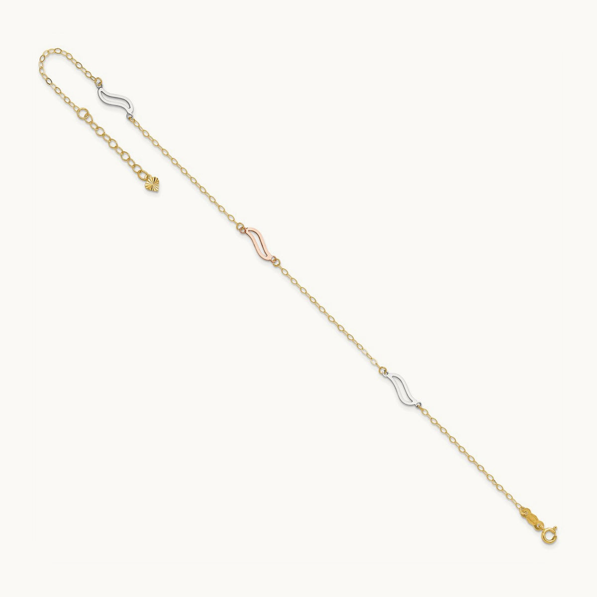 Tri-color with Open S Links 9in Plus 1in ext. Anklet, 14K