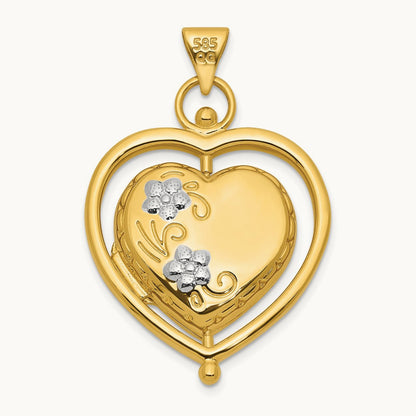 & Rhodium Tree Flowers Spinning Reversible Heart Locket, 15mm, 14K