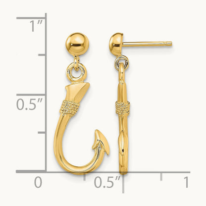 3-D Fish Hook Dangle Earrings, 14K