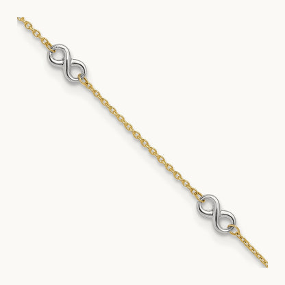 Polished Infinity 9in Plus 1 in ext. Anklet, 14K Two-tone