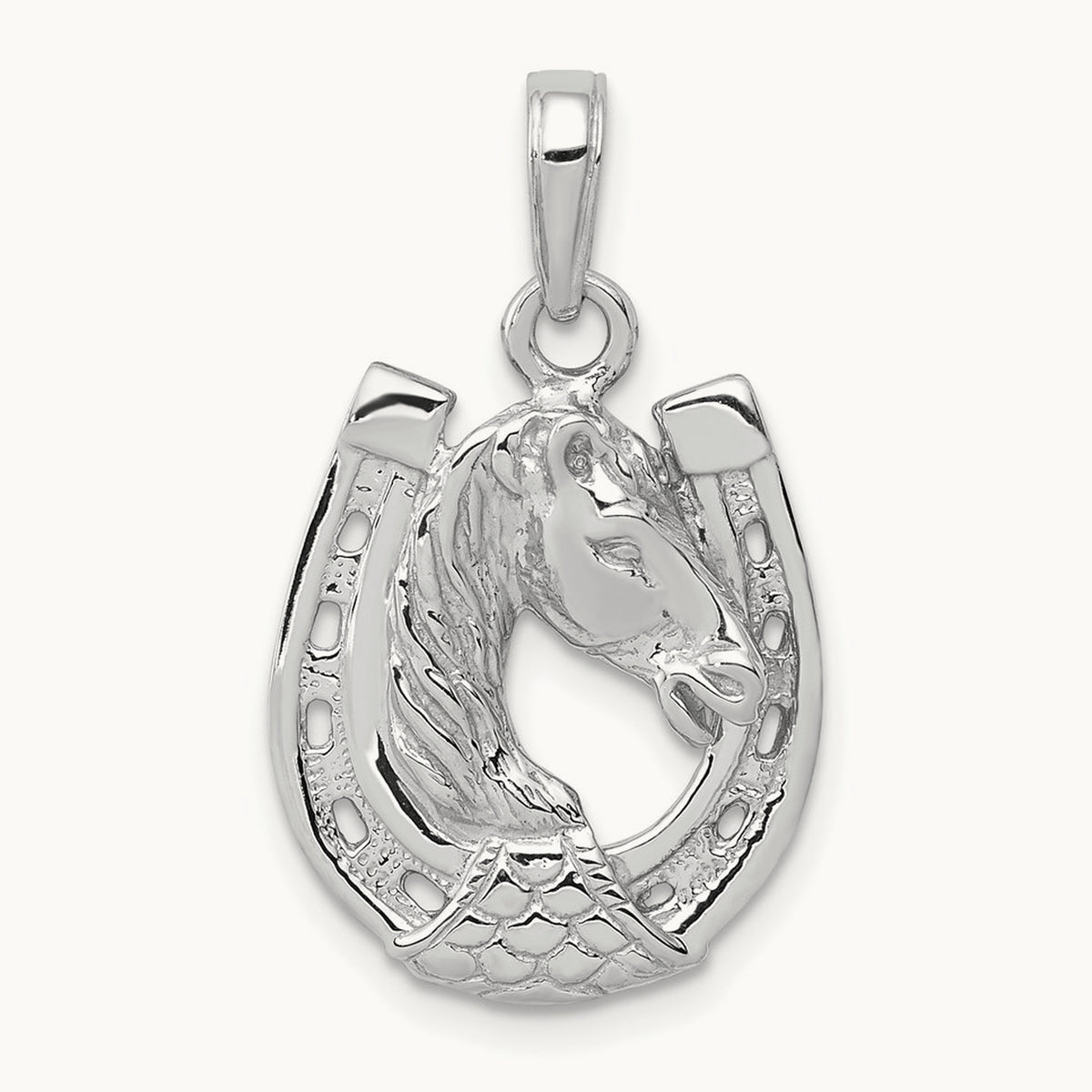 Solid Polished Horse Head in Horseshoe Pendant — 14K White Gold