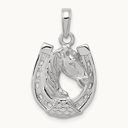 Solid Polished Horse Head in Horseshoe Pendant — 14K White Gold