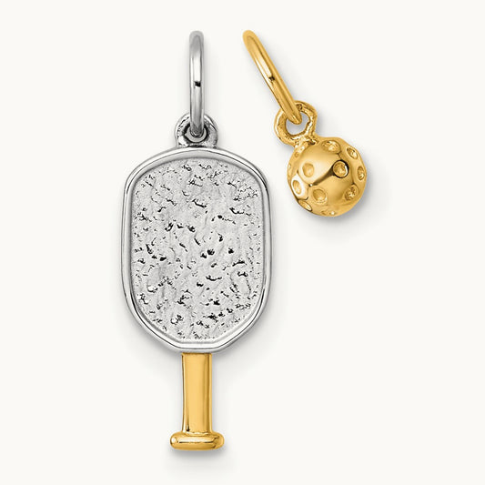 w/White Rhodium Pickleball Paddle and Ball 2 Piece Pendant Set, 14K