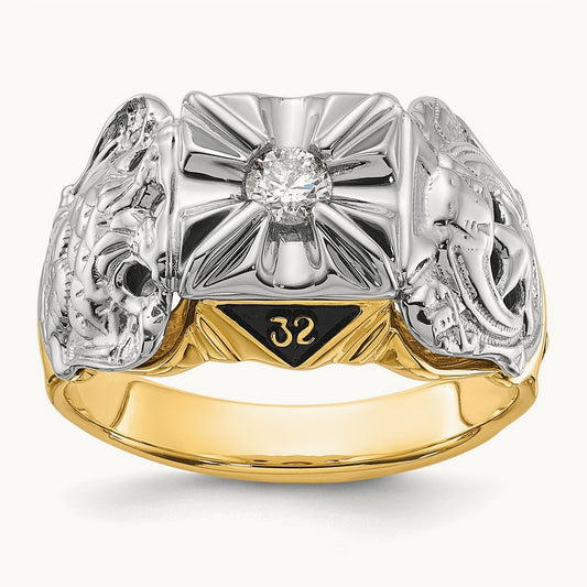 14tt Men's Textured w/ Black Enamel & Diamond Masonic Ring