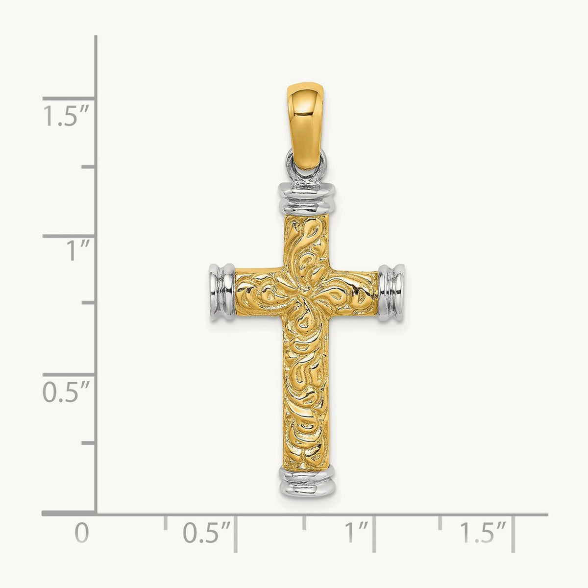 w/Rhodium Scroll and Double Endcaps Cross Charm, 14K