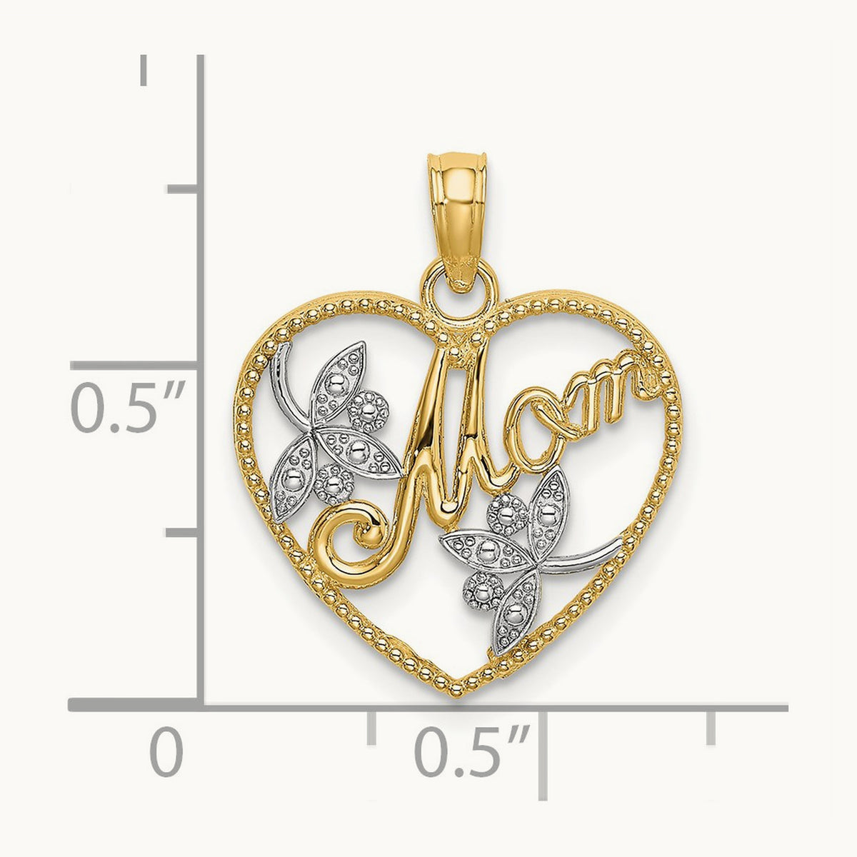 w/ Rhodium Textured Heart w/ MOM Charm, 14K