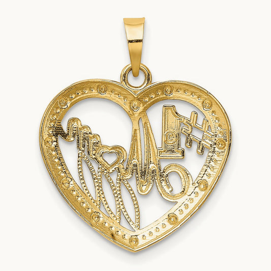 w/ Rhodium Textured #1 MOM In Heart Charm, 14K