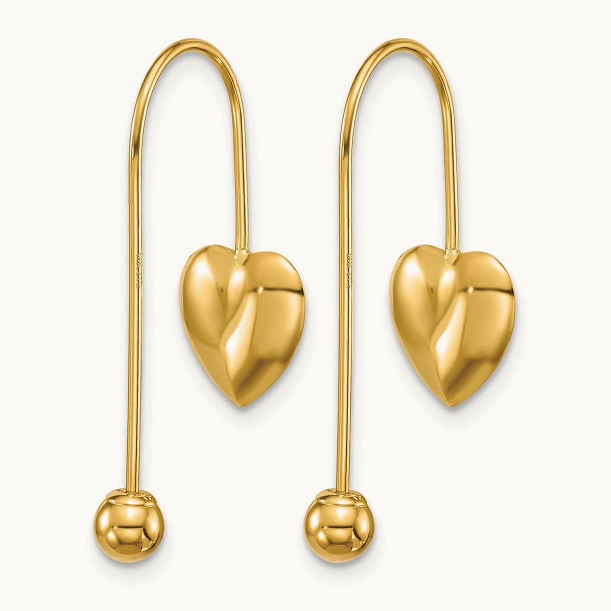 Puffed Heart w/Screw End Threader Earrings, 14K