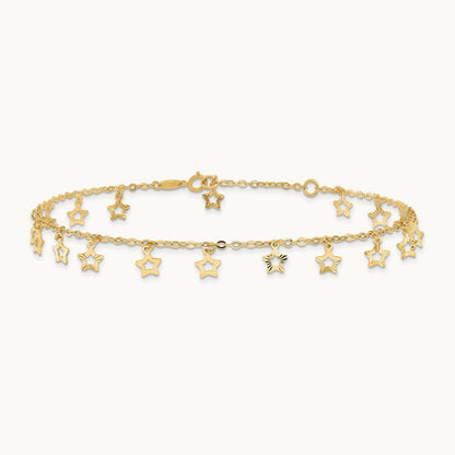 Polished and Textured Star 9in Plus 1in ext. Anklet, 14K