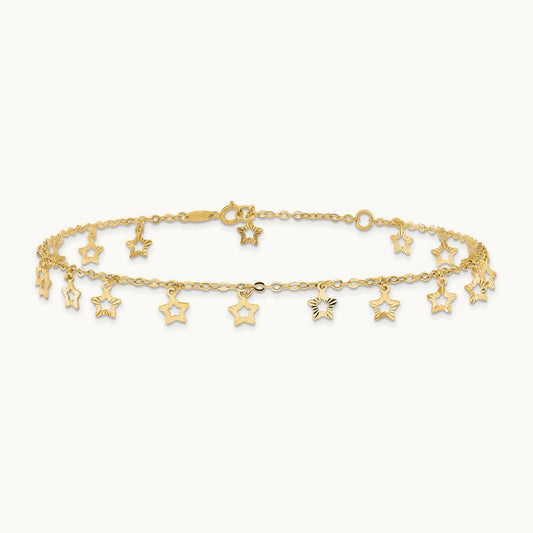 Polished and Textured Star 9in Plus 1in ext. Anklet, 14K