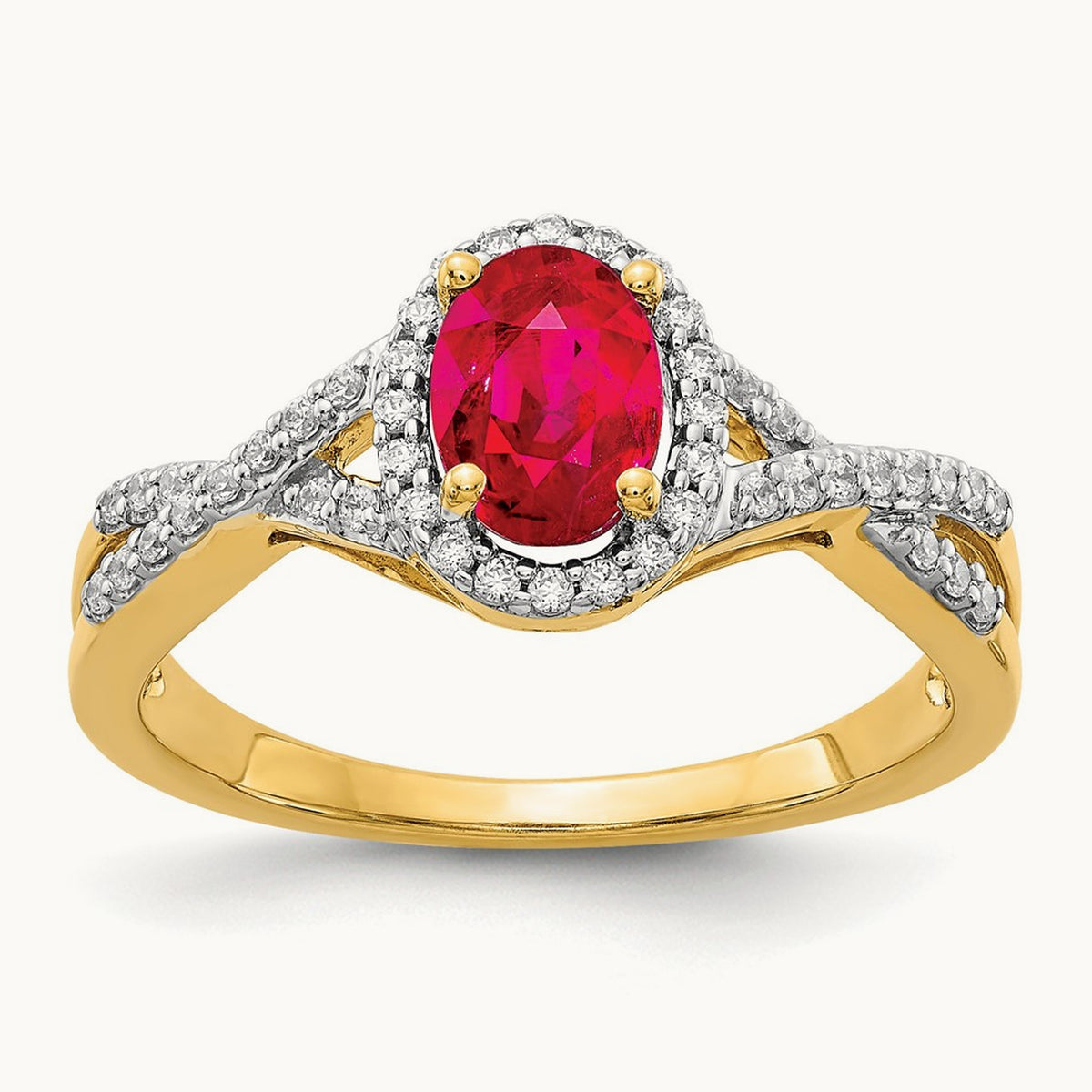 Diamond and Ruby Oval Halo Ring — 14K Yellow Gold