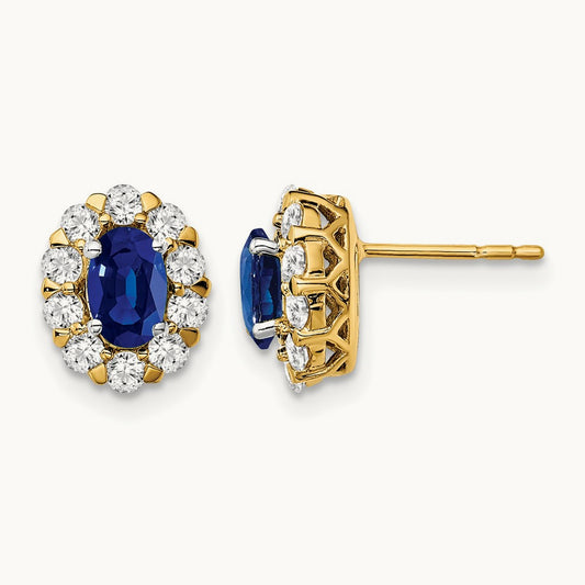 Oval Sapphire and Diamond Halo Post Earrings, 14K
