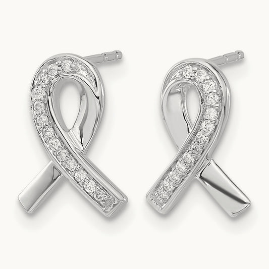 Diamond Awareness Ribbon Earrings, 14K White Gold