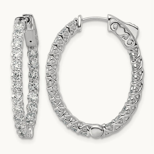 Diamond Oval Hoop w/Safety Clasp Earrings, 14K White Gold
