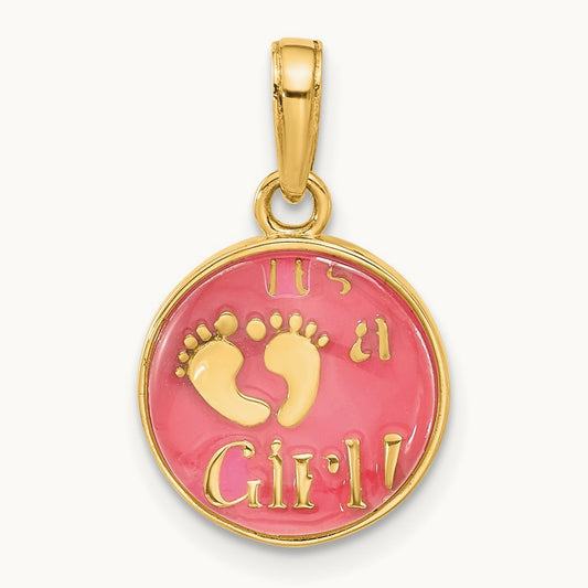 Polished with Pink Enamel and Clear Epoxy Resin It's A Girl Pendant, 14K