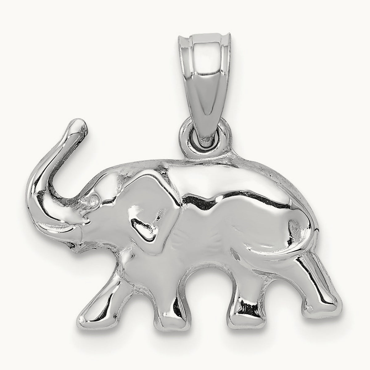 3D Polished Elephant Pendant, 14K White Gold