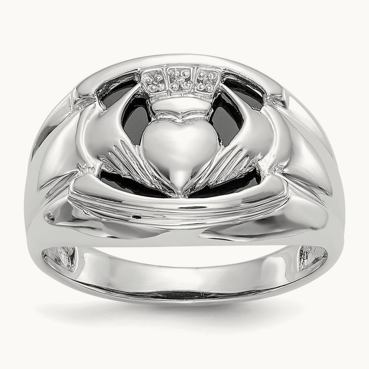 AA Diamond and Onyx Mens Claddagh Ring, 14K White Gold