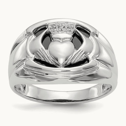 AA Diamond and Onyx Mens Claddagh Ring, 14K White Gold