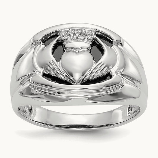 AA Diamond and Onyx Mens Claddagh Ring, 14K White Gold