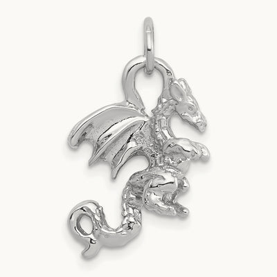 Solid Polished 3-D Dragon Charm — 14K White Gold