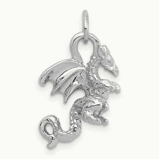 Solid Polished 3-D Dragon Charm — 14K White Gold