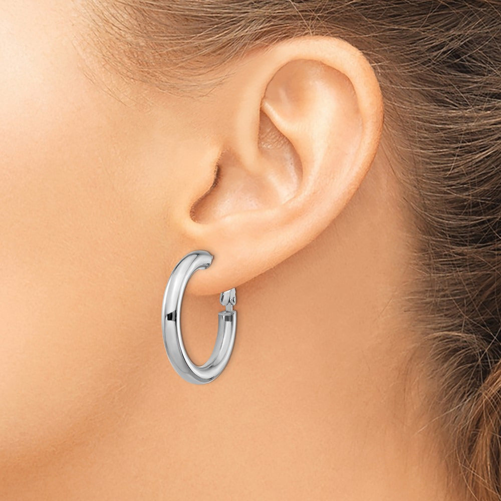 Polished Round Omega Back Hoop Earrings — 14K White Gold, 4x28mm