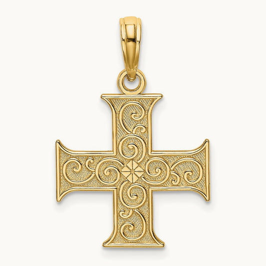Greek Cross With Swirl Design Charm, 14K