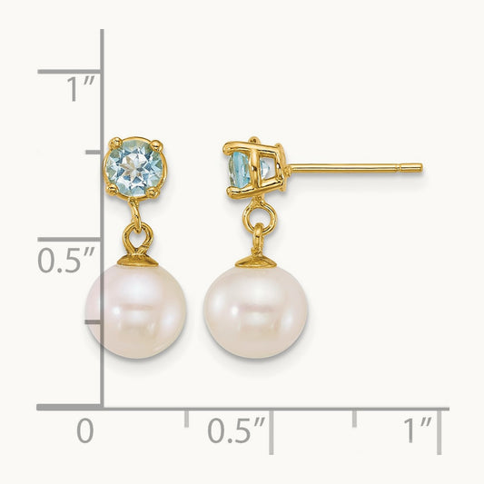7- Rnd Wht FWC Pearl and Blue Topaz Post Dangle Earrings, 8mm, 14K