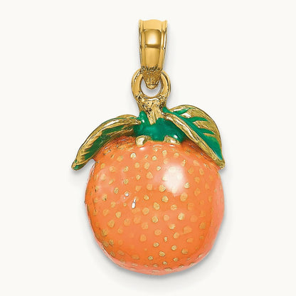 W/ Enamel 3-D Orange With Stem and Leaf Charm, 14K