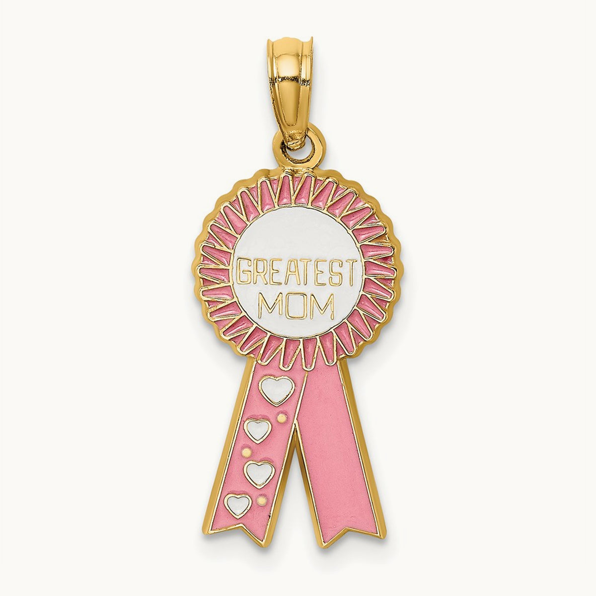 Enamel GREATEST MOM Pink RIBBON Charm, 14K