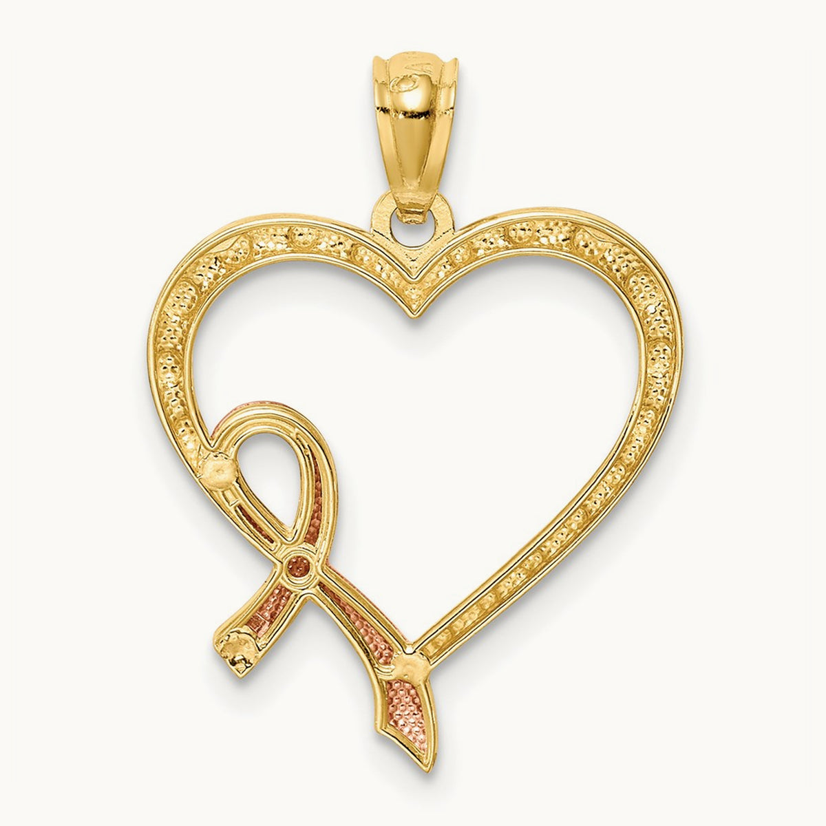 Rhodium Pink Ribbon with Heart Pendant, 14K Rose