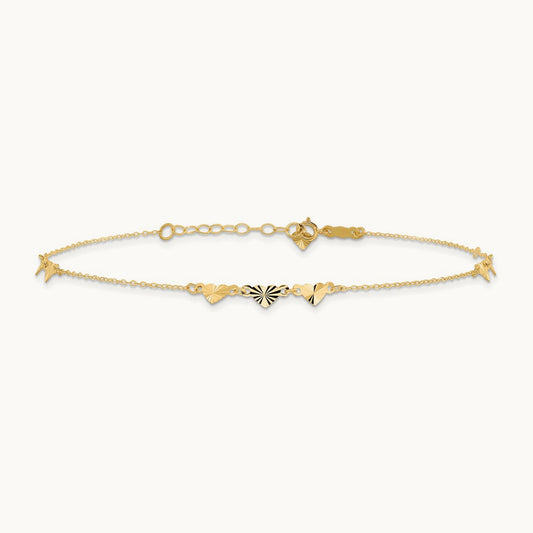 Diamond-cut Hearts 9in Plus 1in ext Anklet, 14K