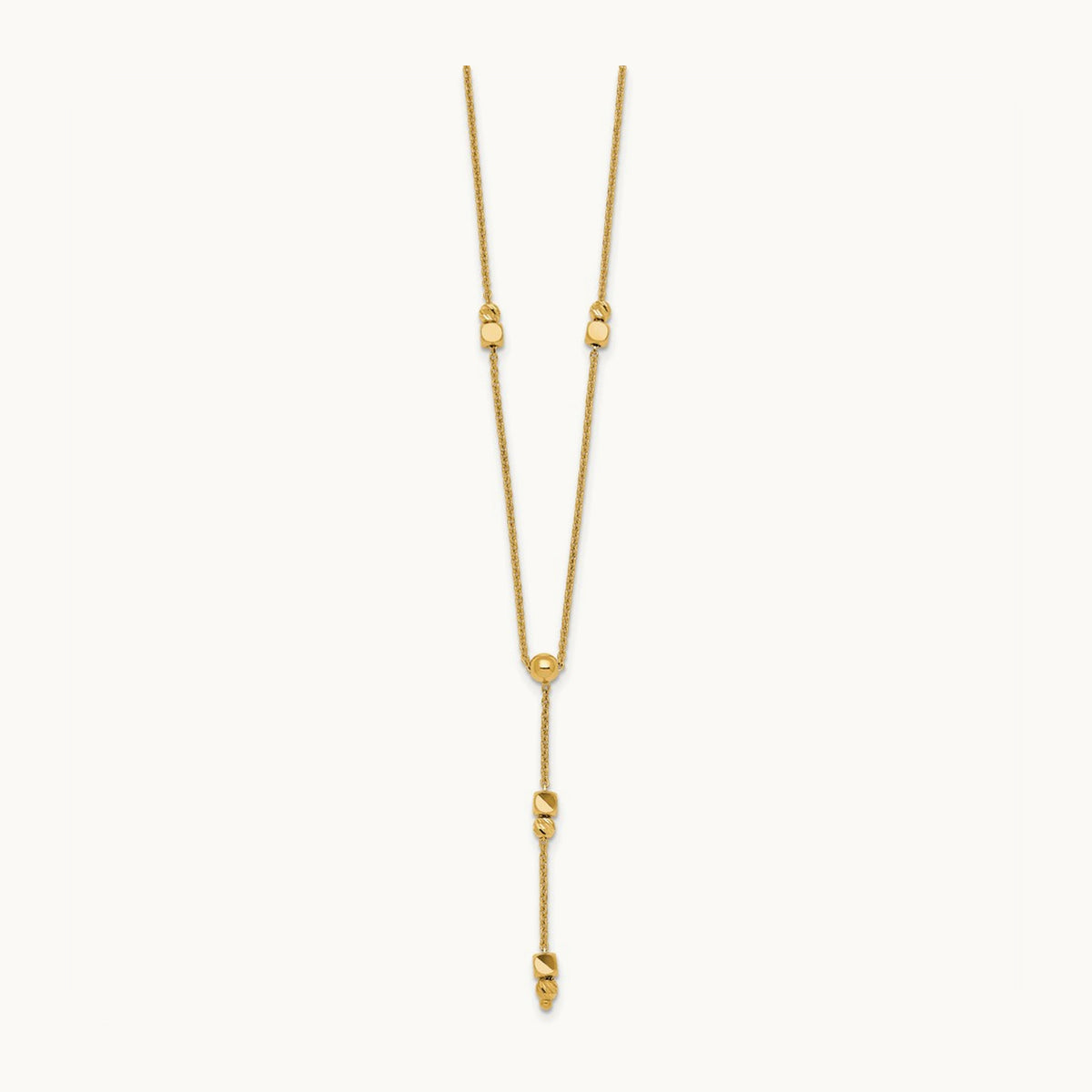 Polished Diamond-cut & Beaded Lariat 16in w/2in Ext Necklace, 14K