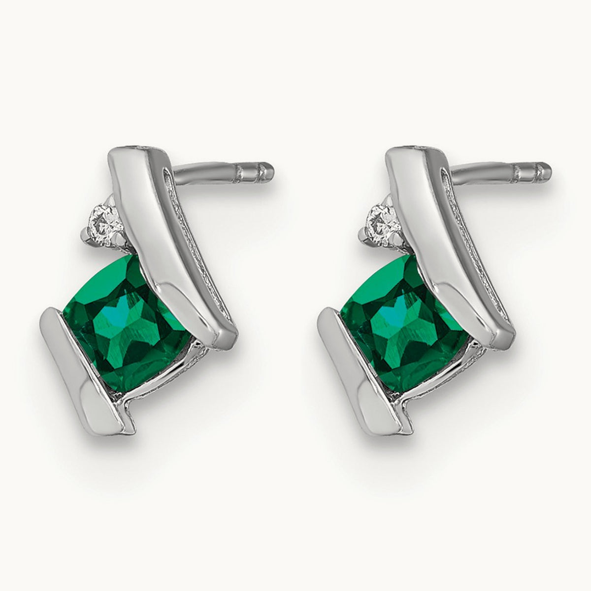 Cushion Cr. Emerald and Diamond Earrings, 14K White Gold