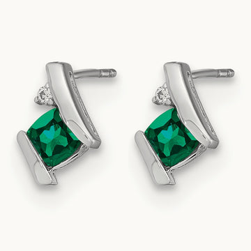 Cushion Cr. Emerald and Diamond Earrings, 14K White Gold